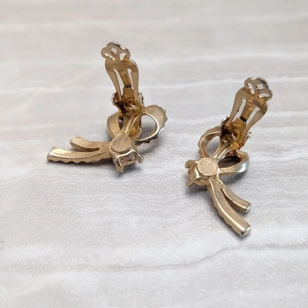 Vintage Clip On Earrings Gold Tone Bow with Aurora Borealis Gem